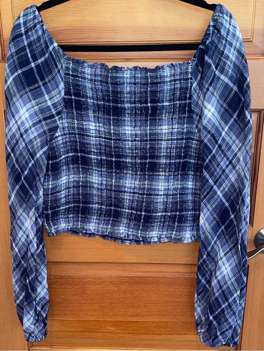INC International Concepts Navy & White Plaid Off-Shoulder Top - EUC - Large